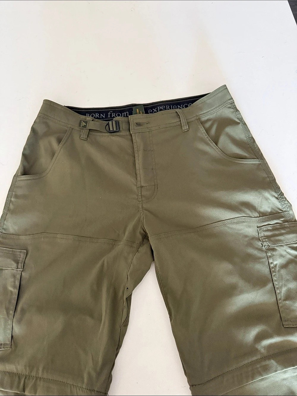 prAna Brion Cargo Pants Olive 33W x 30L Like New zip off legs